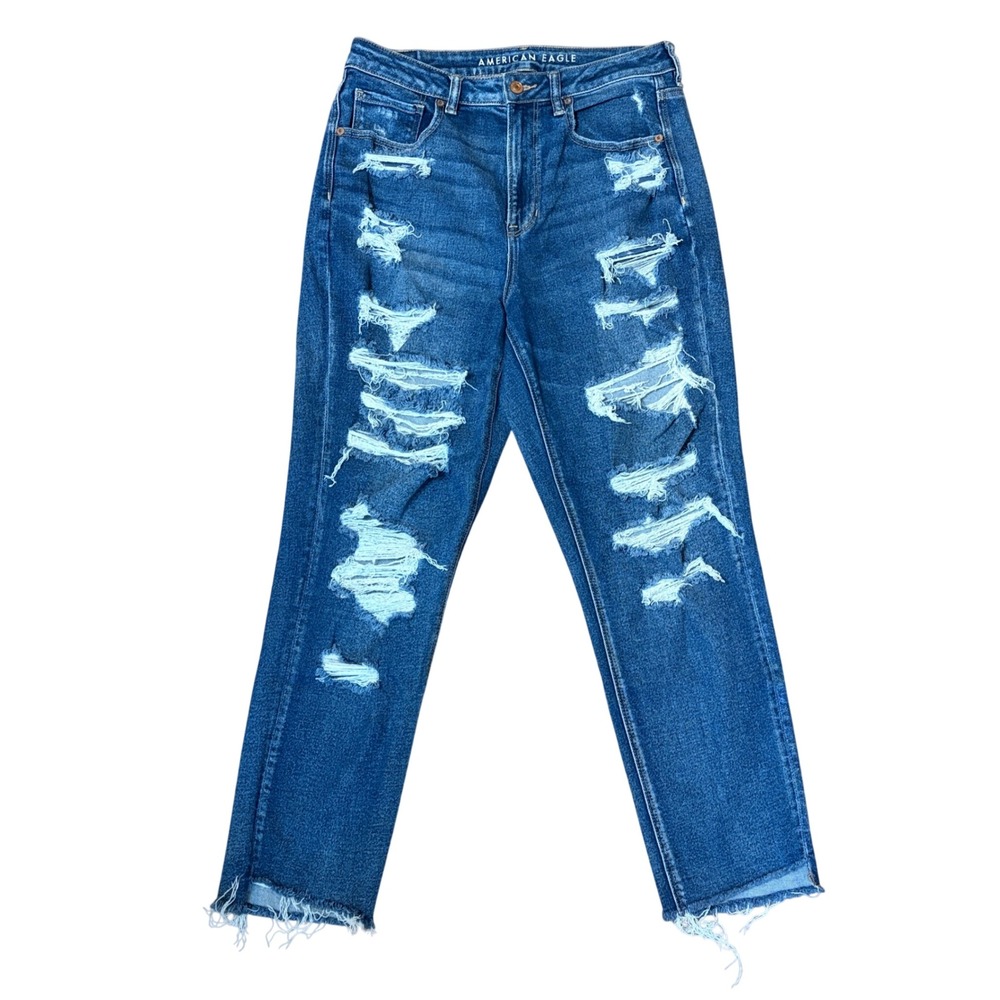 American Eagle Mom Jean Size 12 Regular Blue Distressed Ripped High Rise Stretch